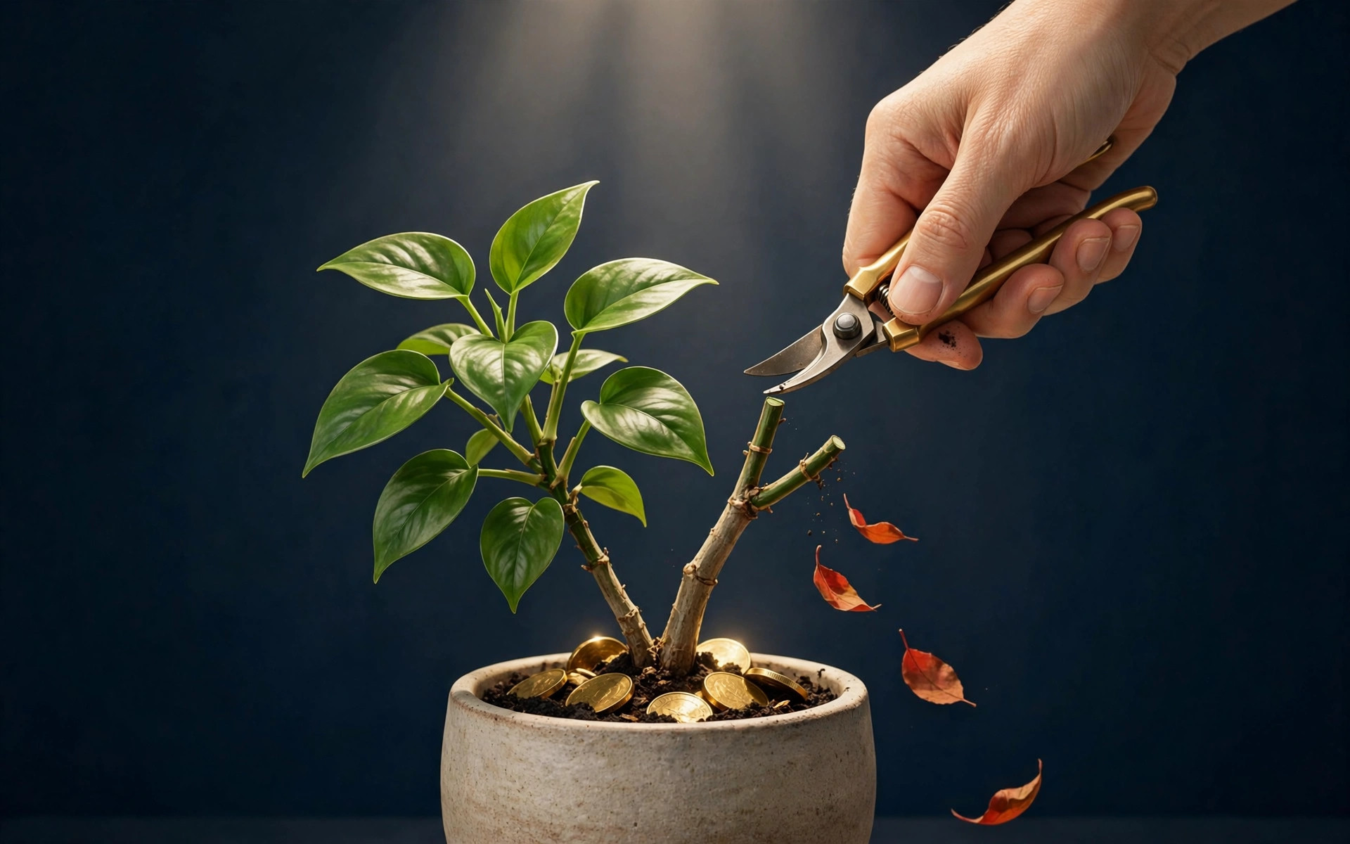 Illustration of a hand pruning a money plant with thriving green leaves, red fallen leaves and gold coins — a metaphor for keeping, adapting and skipping viral money habits.