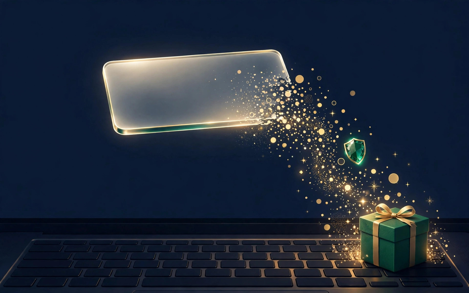 Glowing translucent virtual card above a laptop, its number dissolving into masked digits beside an emerald shield
