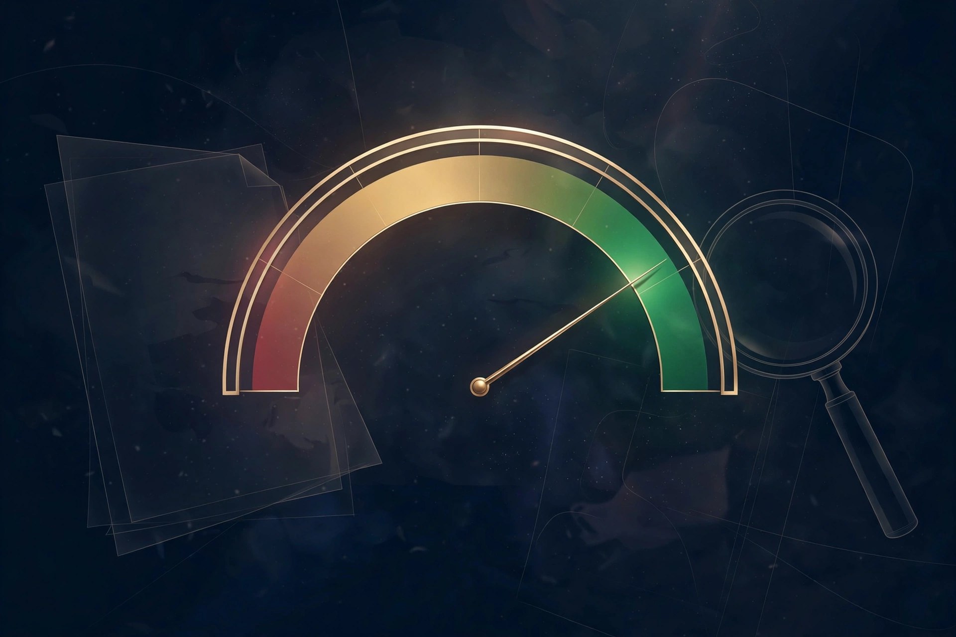 Credit score gauge dial with needle pointing into the high zone