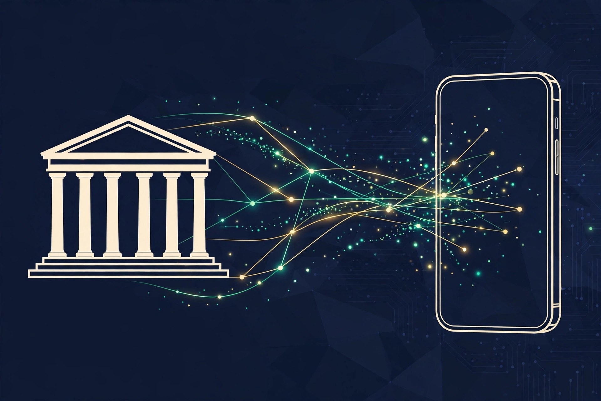 Bank building connected by glowing network lines to a smartphone