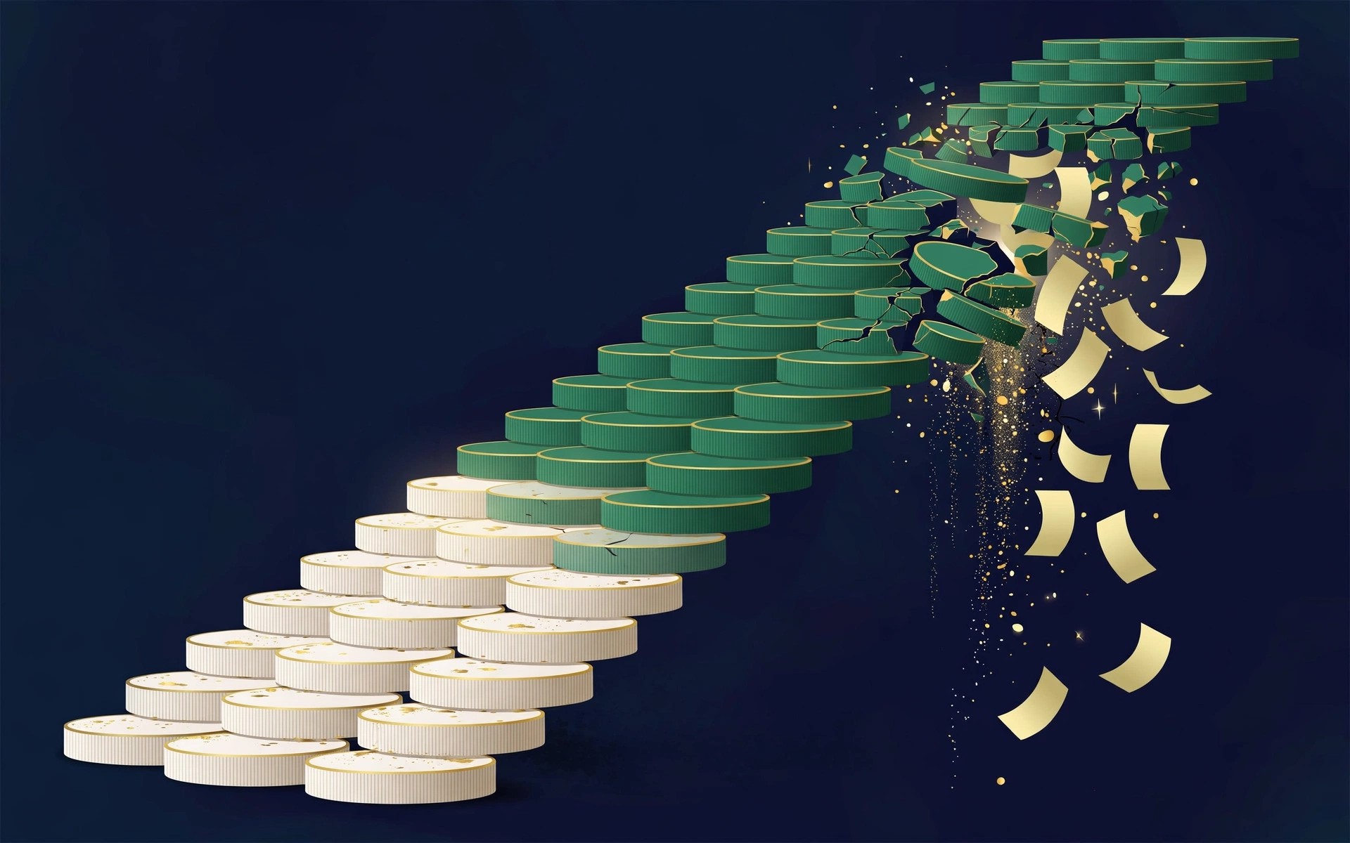 Editorial illustration of a coin staircase crumbling at the top, symbolising lifestyle inflation eating a high income