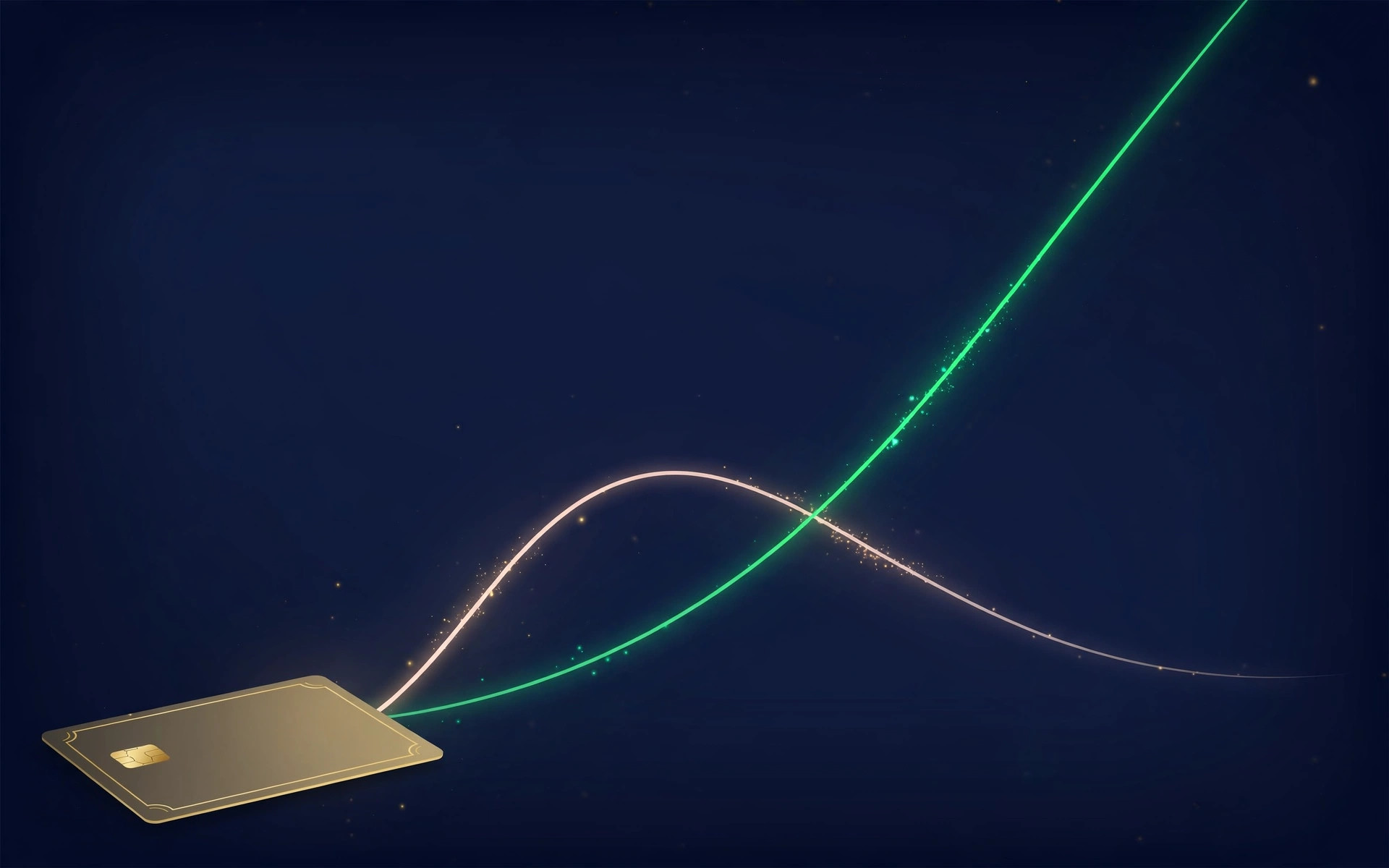 Gold credit card on deep navy with two diverging glowing rate lines
