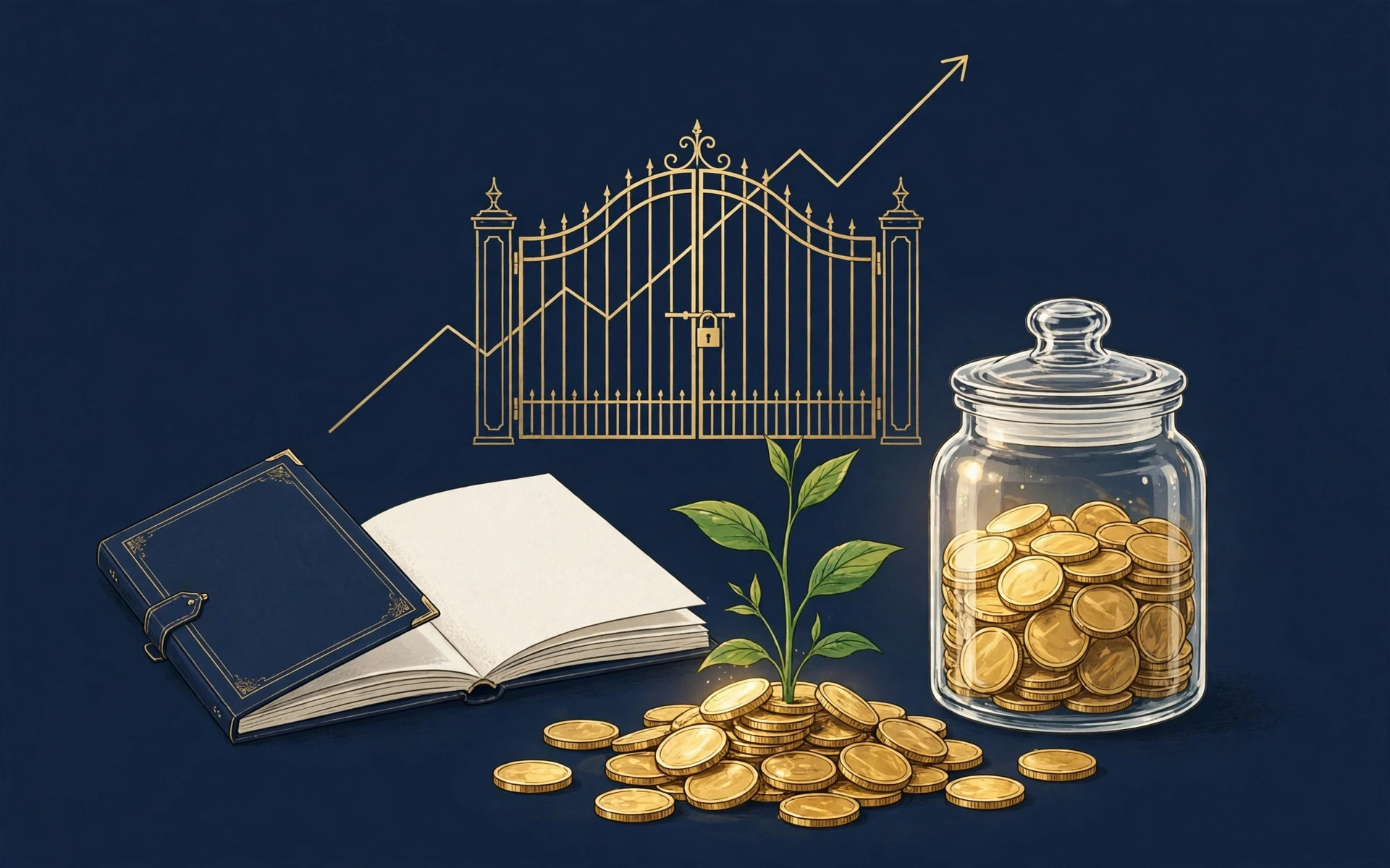 Savings passbook and coin jar with a rising gold chart behind a gate, on deep navy
