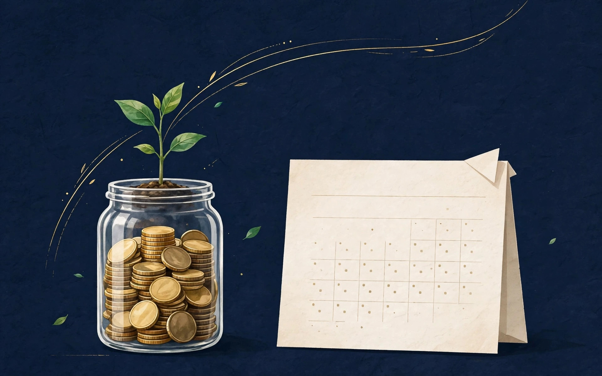 Seedling growing from a glass savings jar beside a calendar marked 31 October