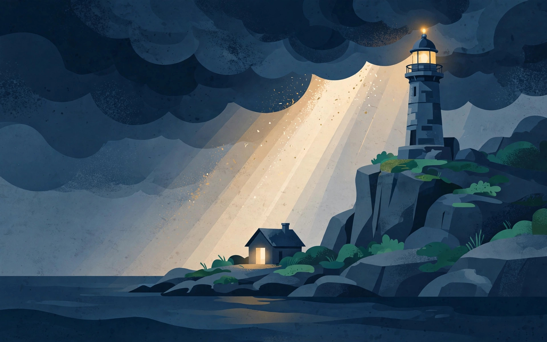 Lighthouse beam cutting through storm clouds over a small glowing house, a metaphor for financial guidance in uncertain times
