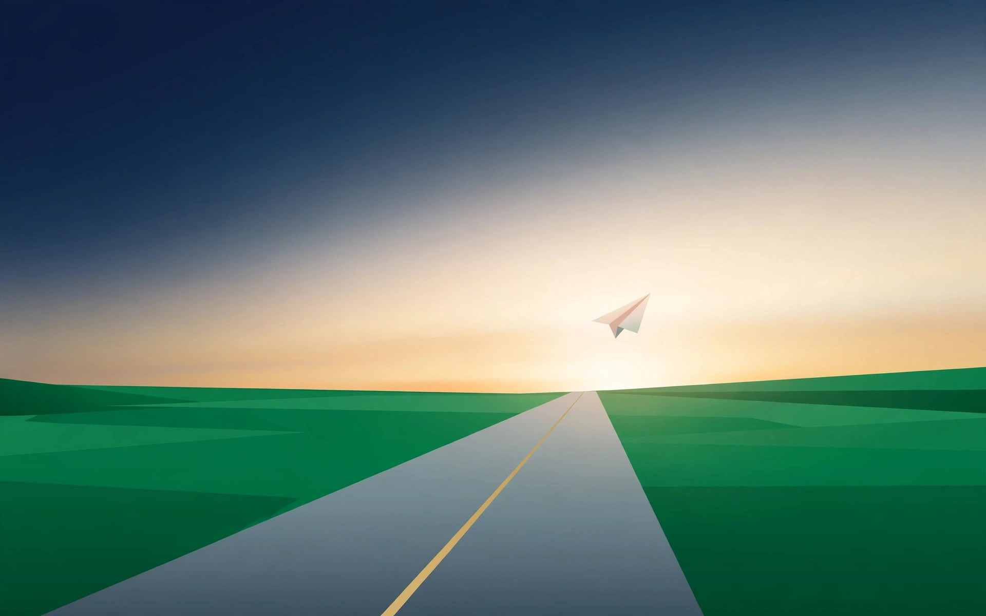 Editorial illustration of an airport runway stretching toward a sunrise with a paper airplane lifting off