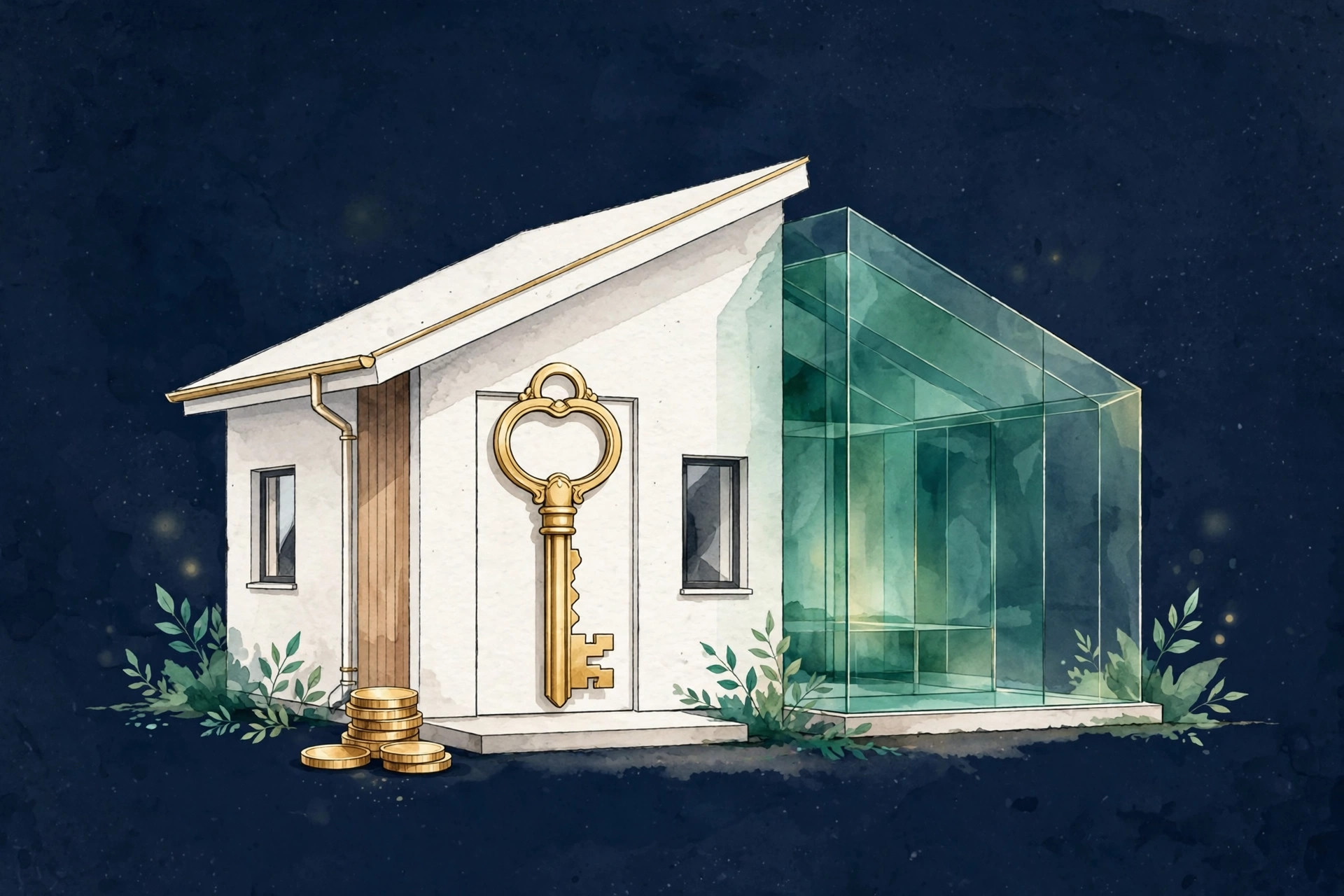 New-build house with a small deposit coin stack and a larger emerald equity share