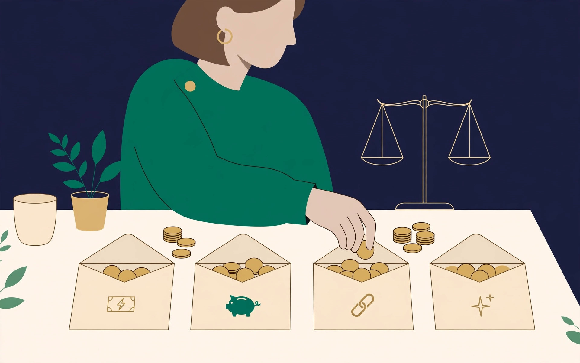 Illustration of labelled envelopes and coins arranged in neat rows, each assigned a purpose